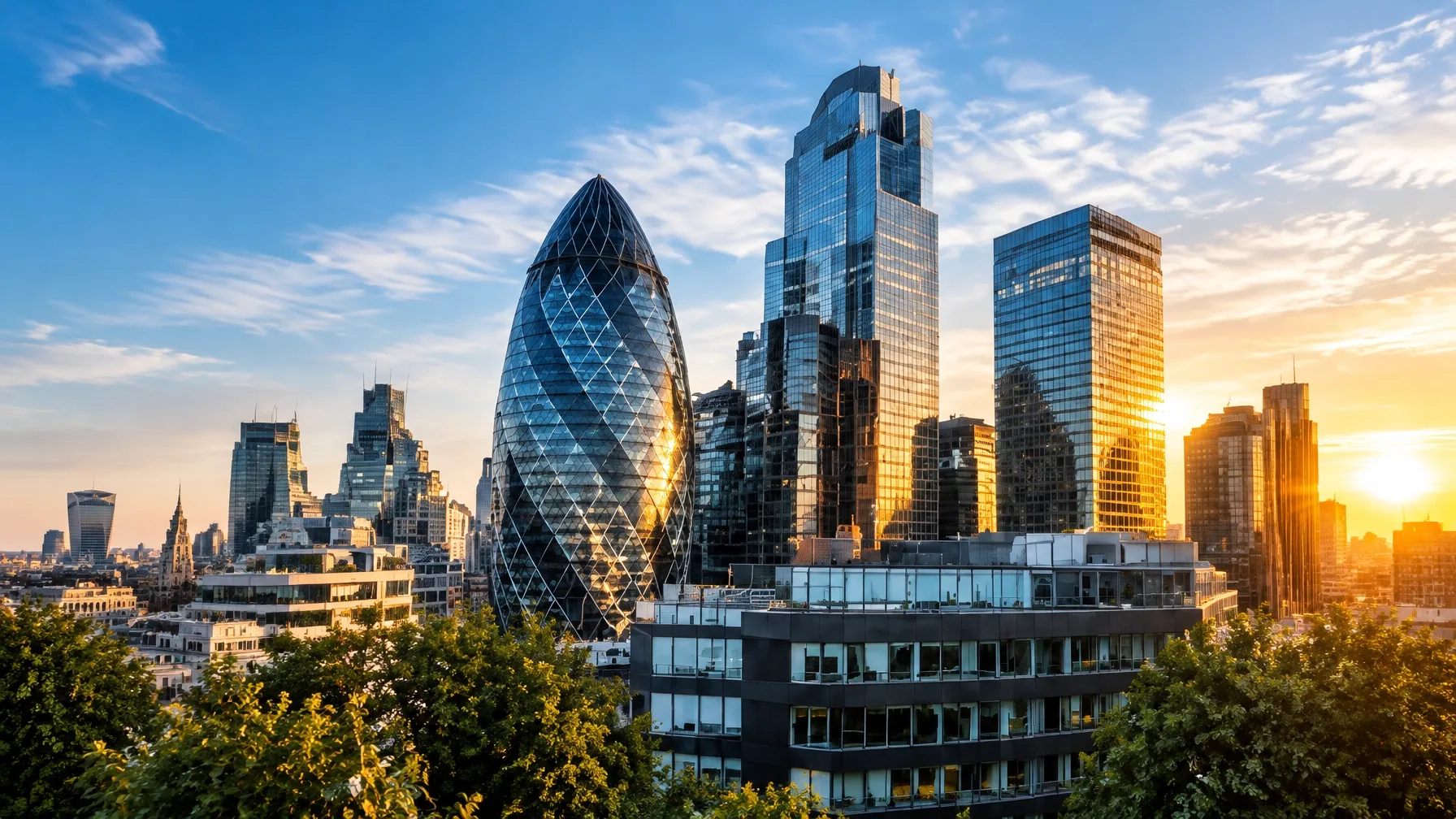 The City of London skyline in warm evening light